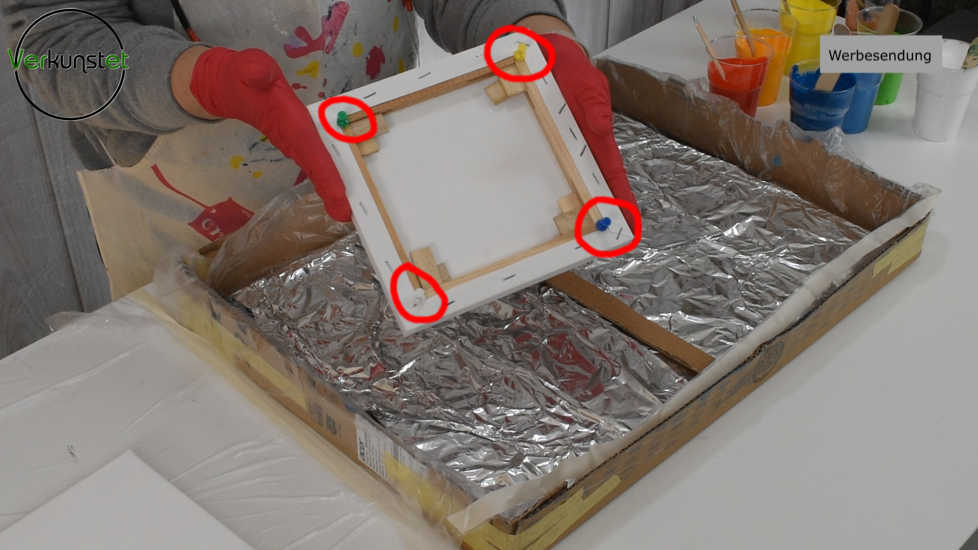 Put pin board pins under the canvas for the distance